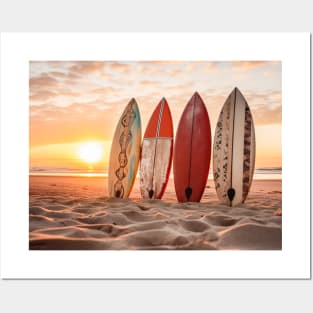 Surfboards on the sunset beach sand Posters and Art